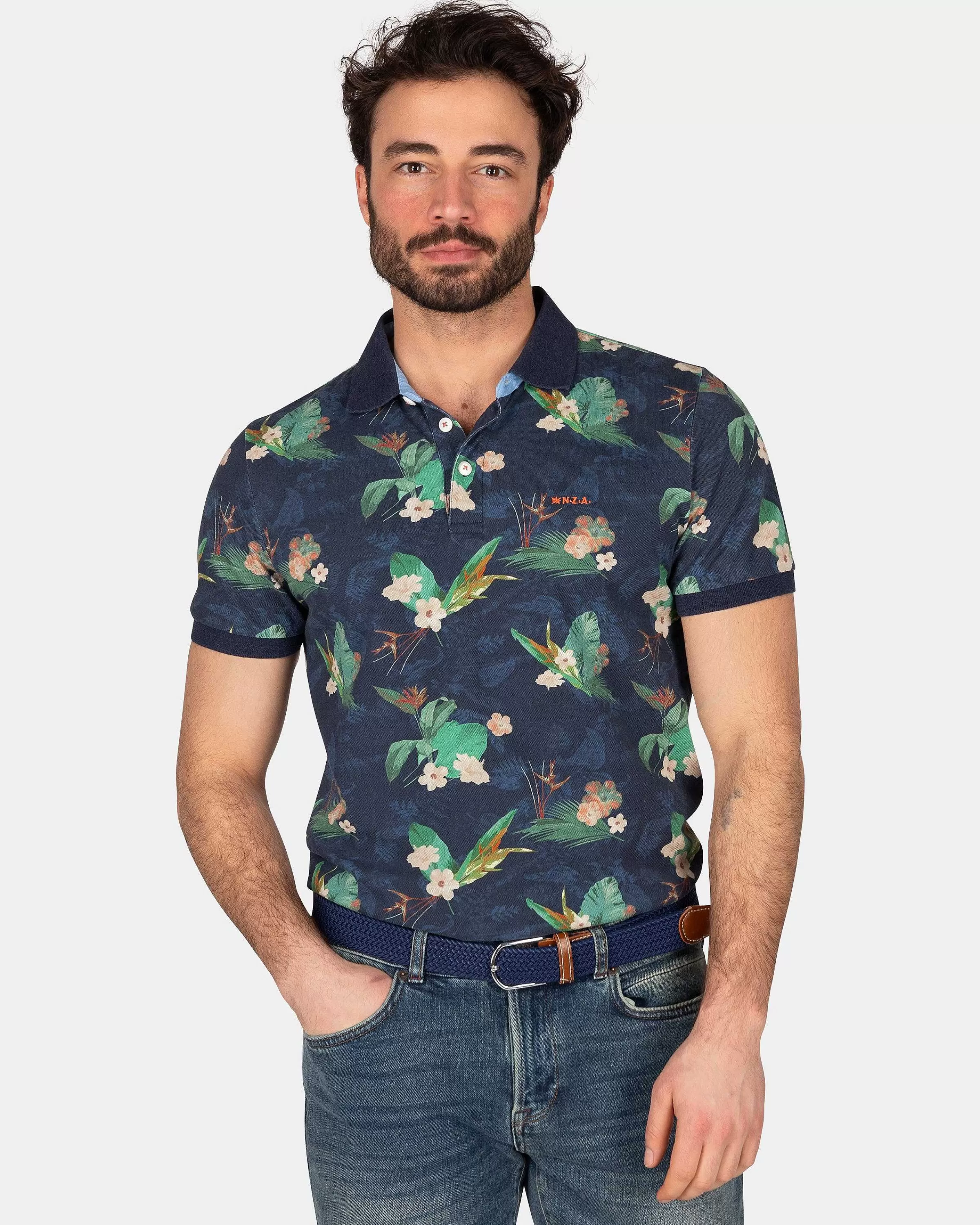 NZA New Zealand Auckland Polo-Shirts | Donkerblauw Polo Met Bloemen-Traditional Navy