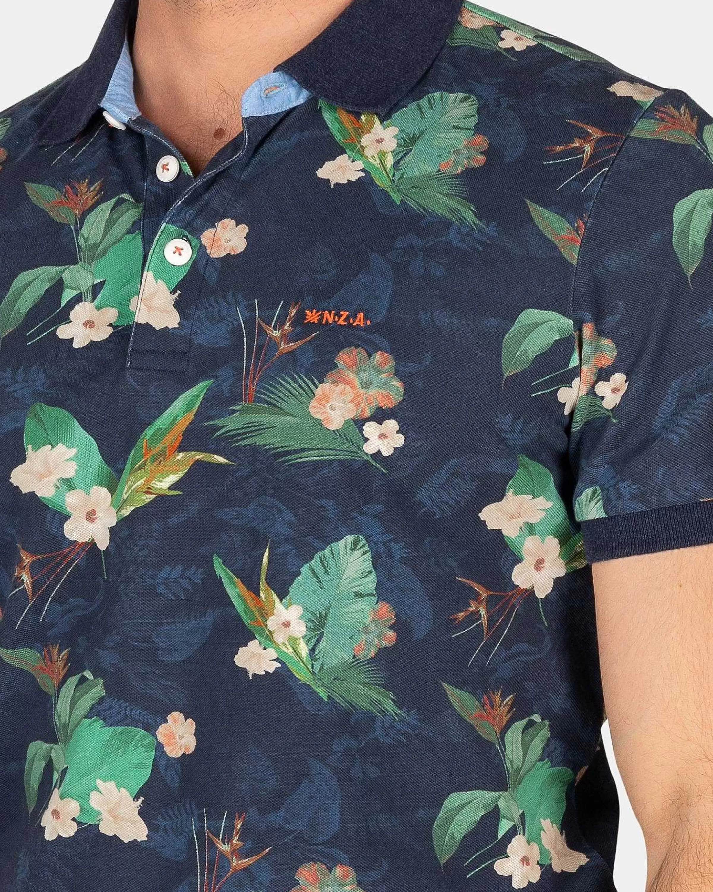 NZA New Zealand Auckland Polo-Shirts | Donkerblauw Polo Met Bloemen-Traditional Navy